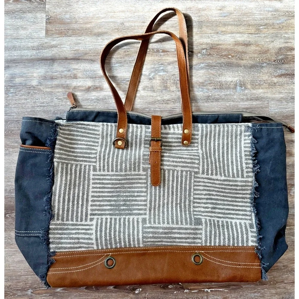 Myra Bag XL Leather Canvas Weekender Tote Travel Bag Leather Boho Western